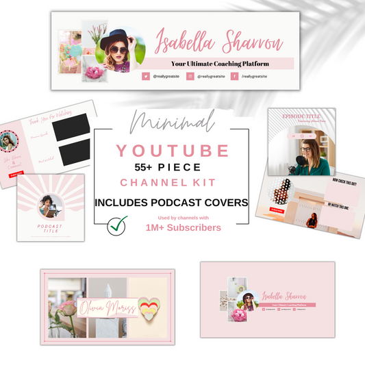 Youtube banner blush pink, podcast cover, youtube channel kit, youtube thumbnails, youtube intro, youtube branding, youtube kit, end screen