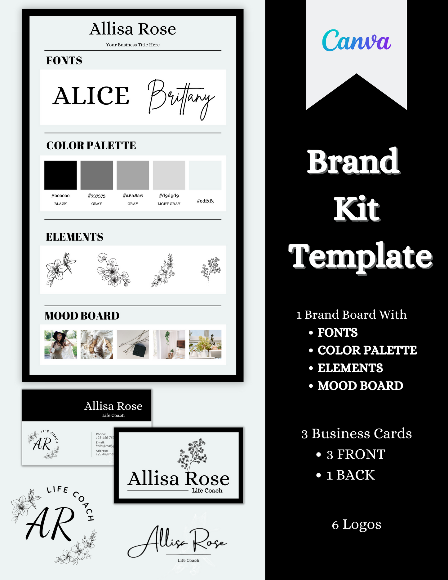 Brand board template, Mood Board, Branding Logo, Coaching logo, marketing small business, minimal blogger, life coach business card diy logo