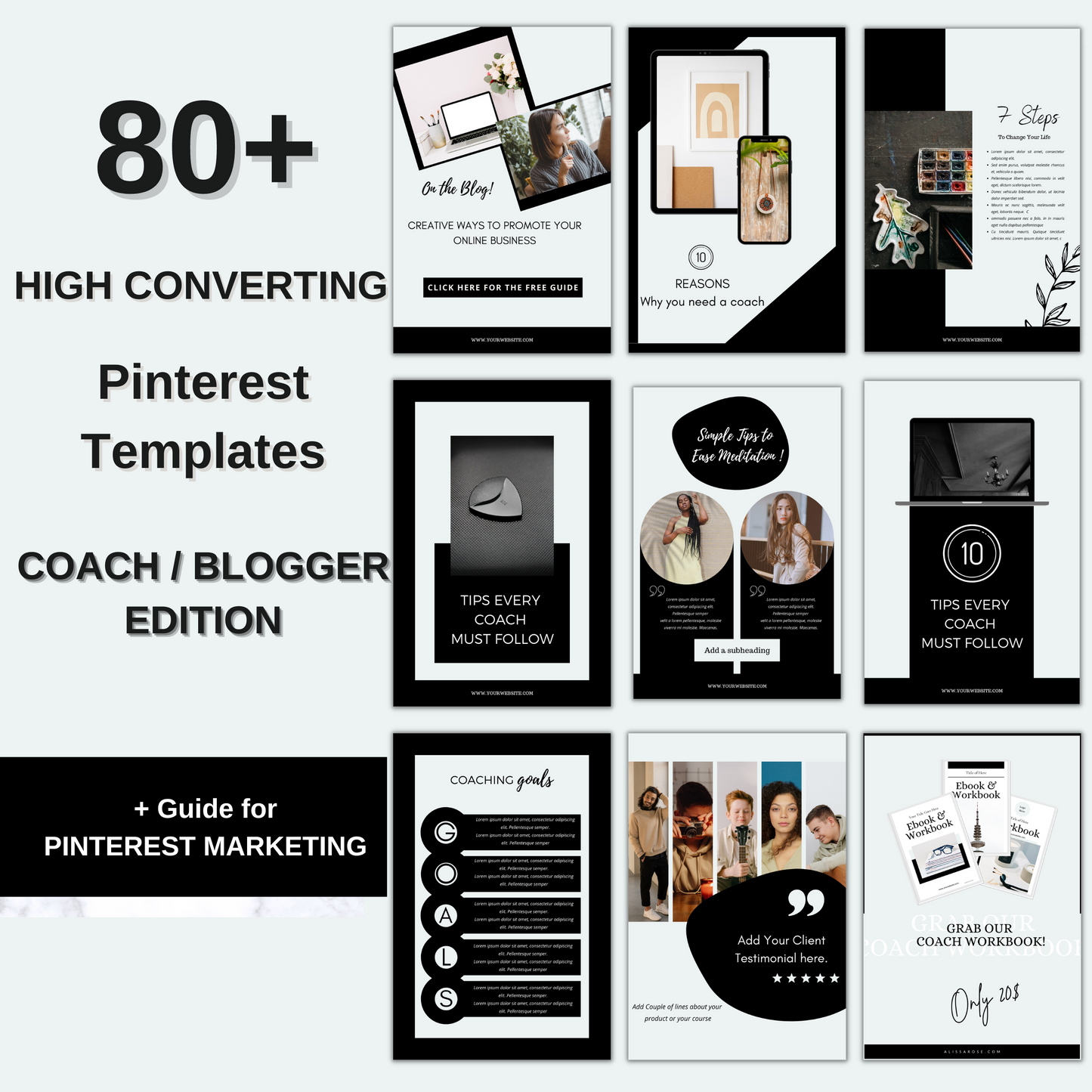 Pinterest templates for canva, online coach, coaching business, online course, pinterest marketing, coaching templates, pinterest planner
