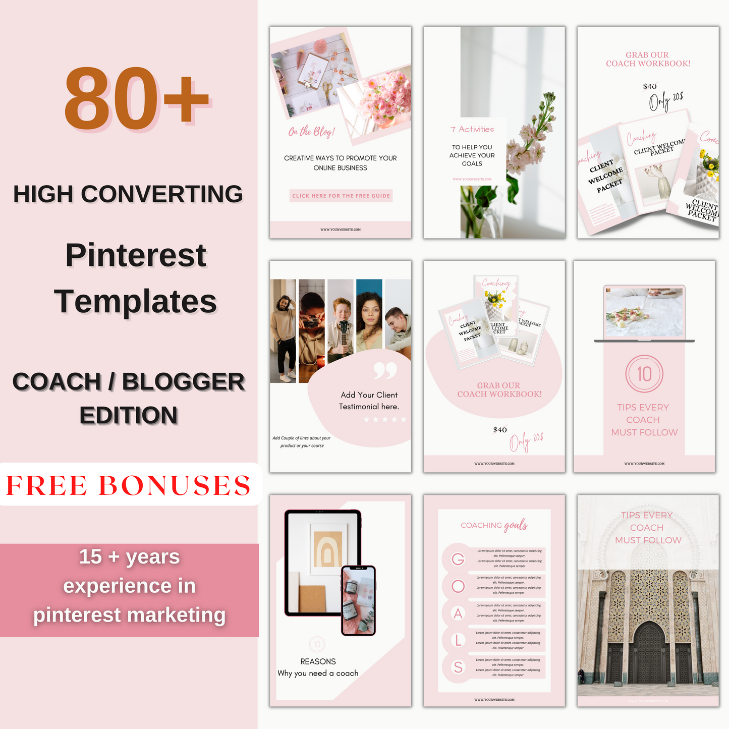 Blush pink pinterest templates for canva, online coach, pinterest management, pinterest pins, pinterest template canva, online course